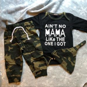 “Ain’t No Mama Like the One I Got” camouflage print onsie, hat, and pants suit
